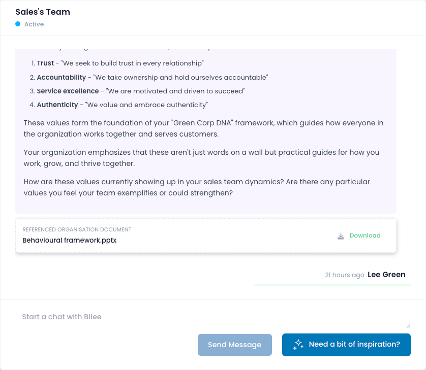 Screenshot showing Bilee citing an organisation document in chat